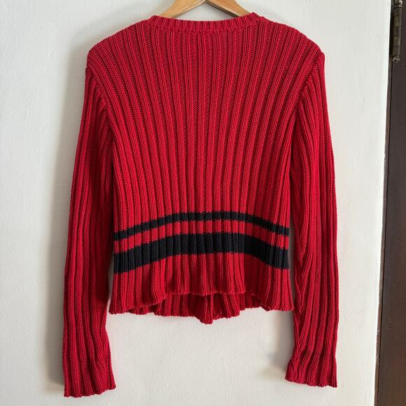 90s Vintage CLAUDIE PIERLOT | Preppy Red and Navy Striped Ribbed Cardigan Medium - Picture 2 of 5
